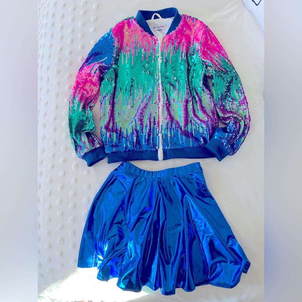 Taylor swift inspired girls Ombré sequin bomber and metallic skort
